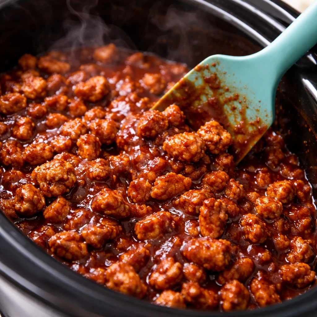 Close-up, shallow depth-of-field process shot inside a slow cooker: tender browned ground turkey cru