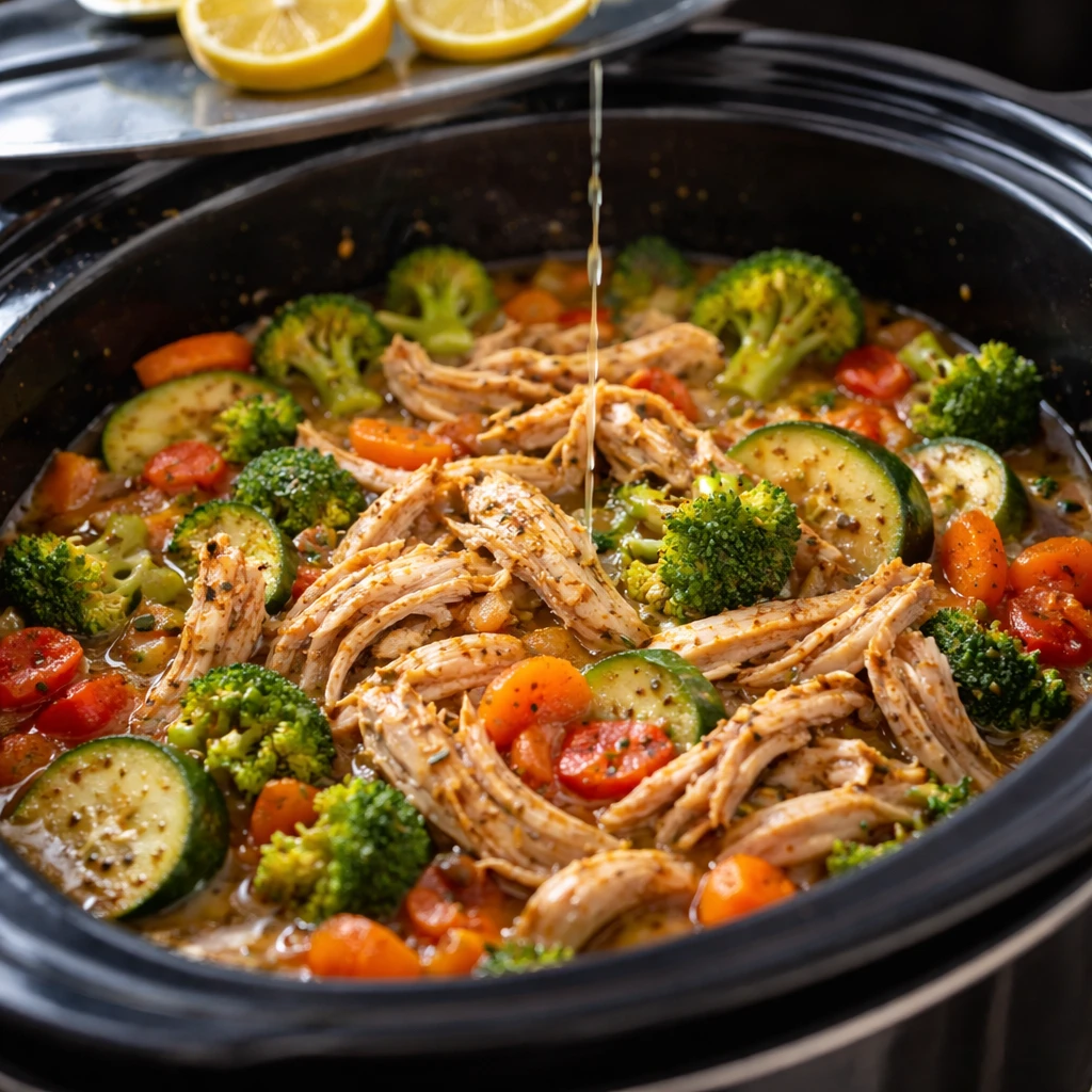 Close-up, three-quarter angle cooking process shot inside the slow cooker: seasoned chicken freshly 