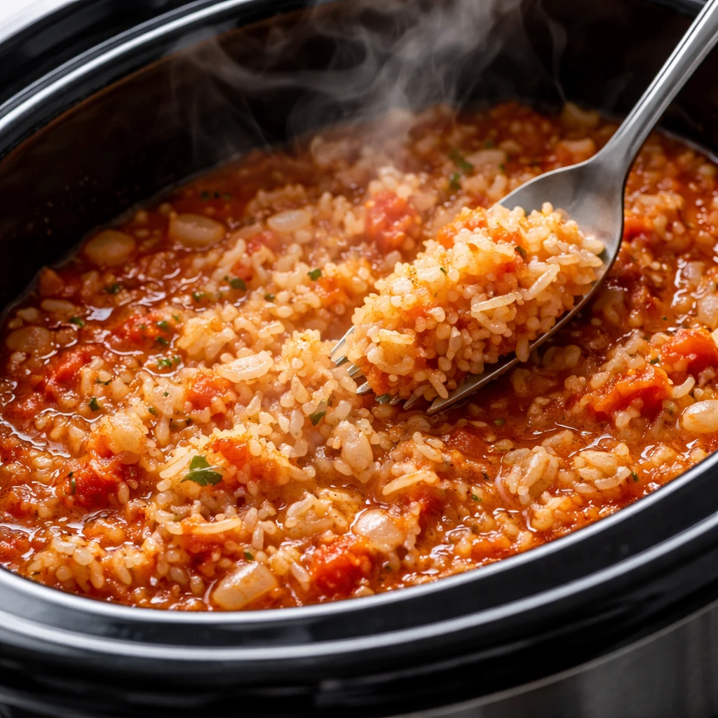 Cooking process close-up: Crockpot tomato basil rice midway through cooking on Low—fluffy, tender 