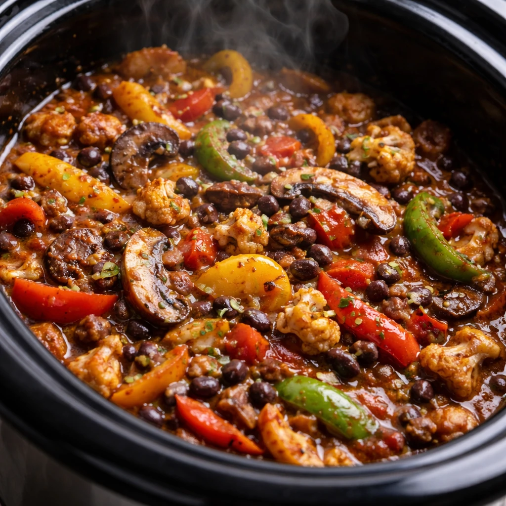 Cooking process close-up: Crockpot veggie taco filling bubbling in a slow cooker, showing tender sau