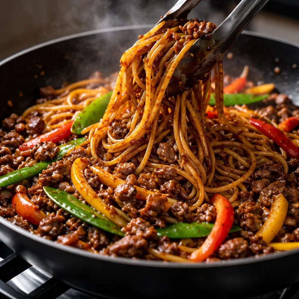 Cooking process, close-up detail: A large black skillet on the stovetop with glossy, sauce-slicked n