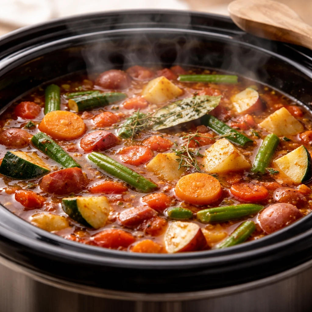 Cooking process, close-up detail: A steaming slow cooker filled with simmering Crockpot Fresh Veggie