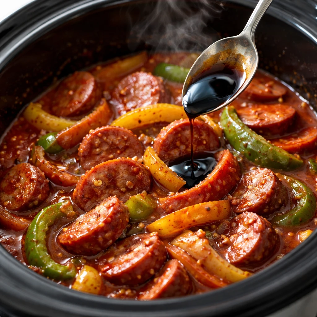 Cooking process, close-up detail: Close-up of sliced summer sausage and tender bell peppers and onio