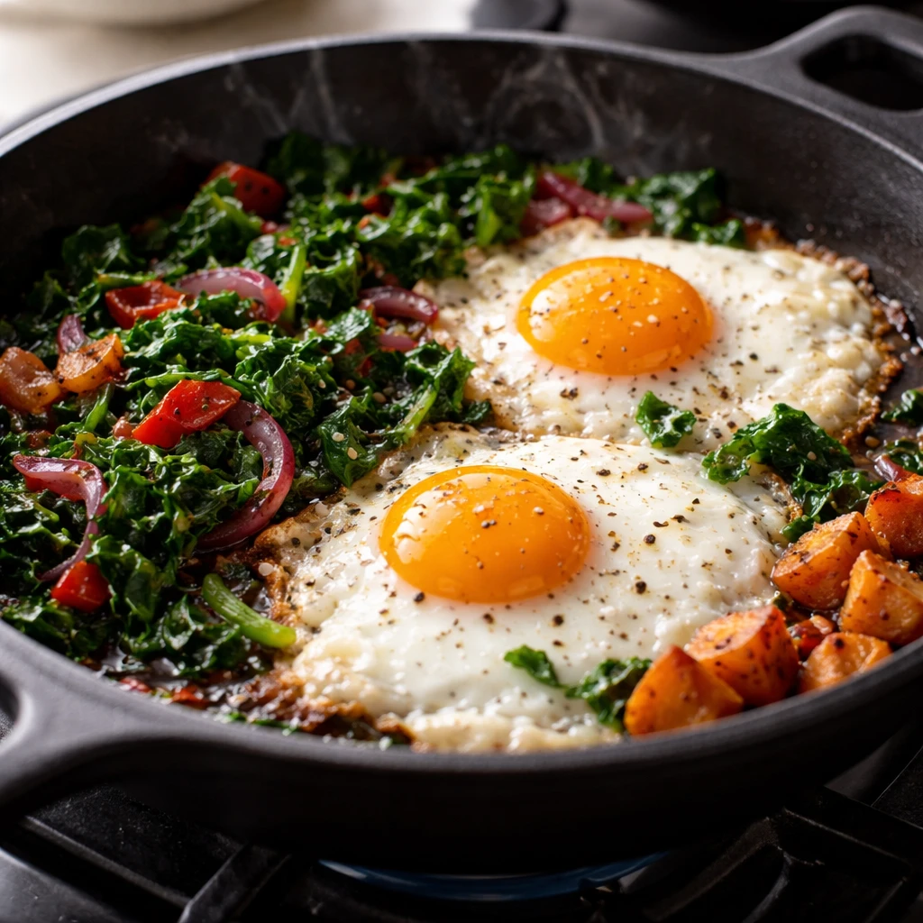 Cooking process, close-up detail: In-skillet scene of sunny-side-up eggs nestled beside sautéed spi
