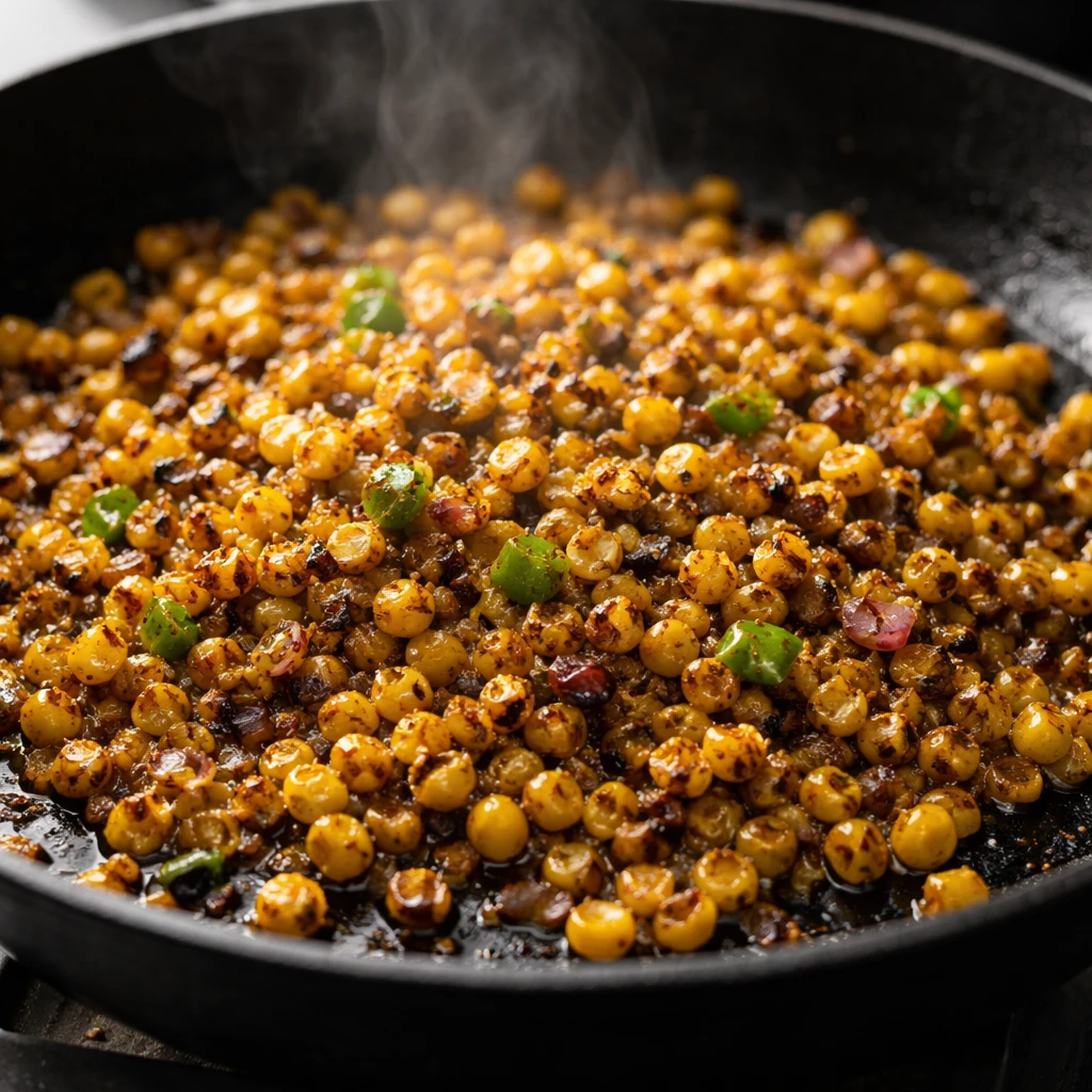 Cooking process, close-up detail: Searing fire-roasted corn kernels in a wide, black cast-iron skill