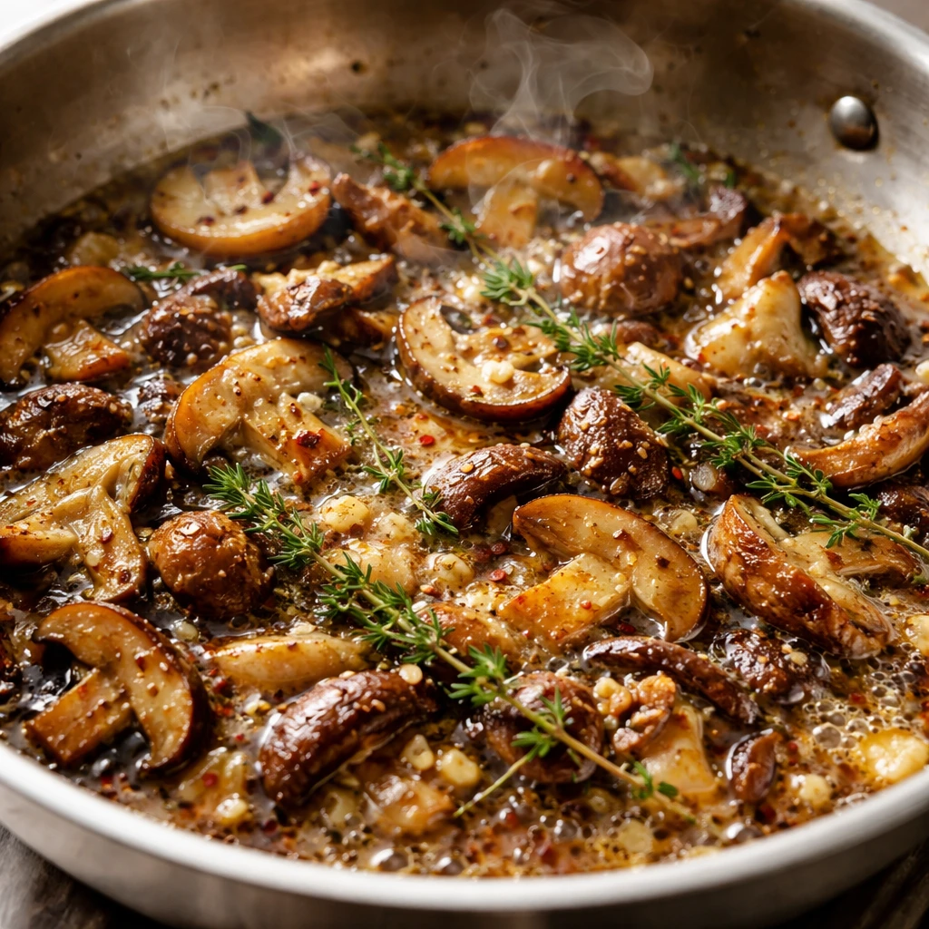 Cooking process, close-up detail: Searing mixed mushrooms (cremini, shiitake, oyster) in a wide stai