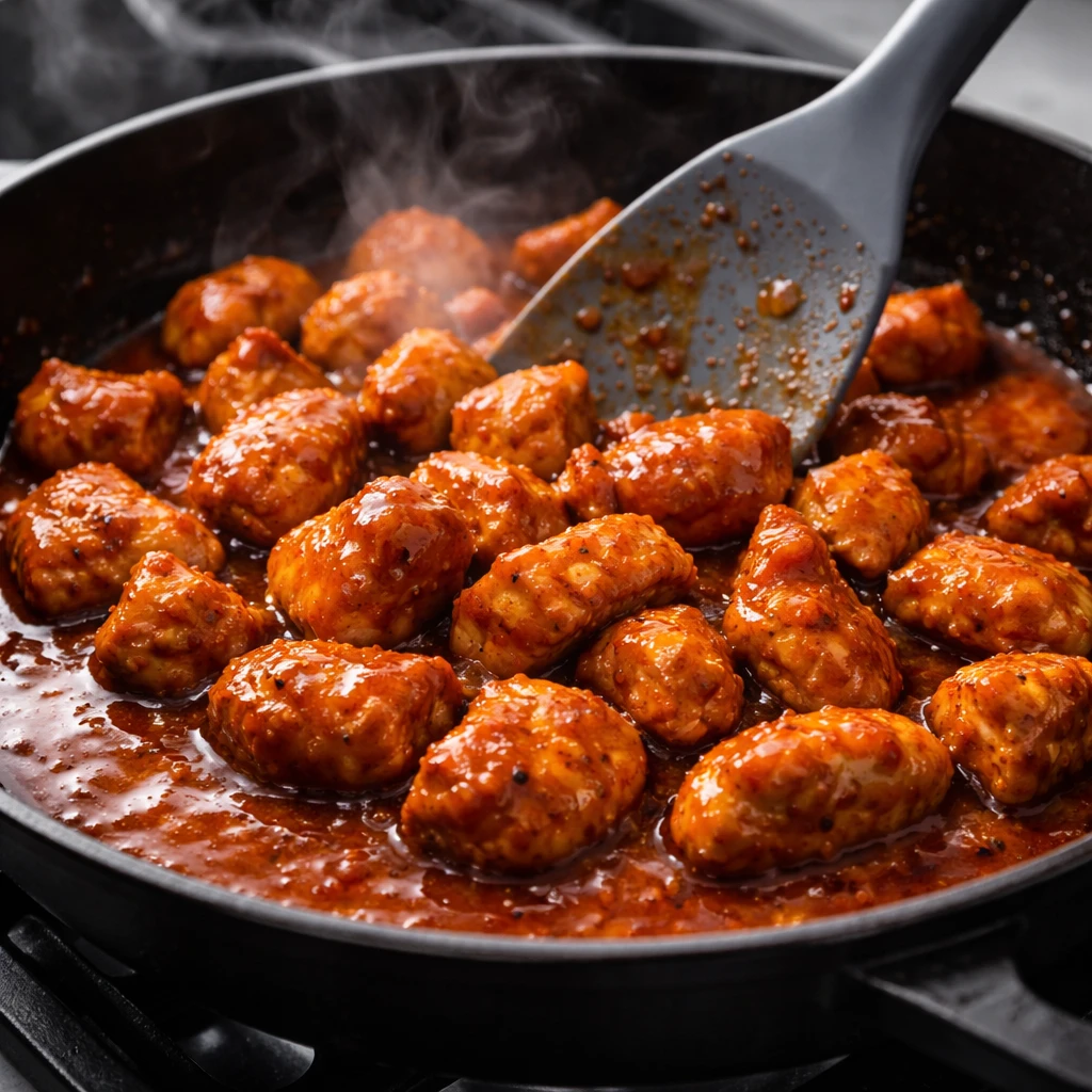 Cooking process, close-up detail: Sizzling buffalo chicken bites in a black skillet, coated and glos