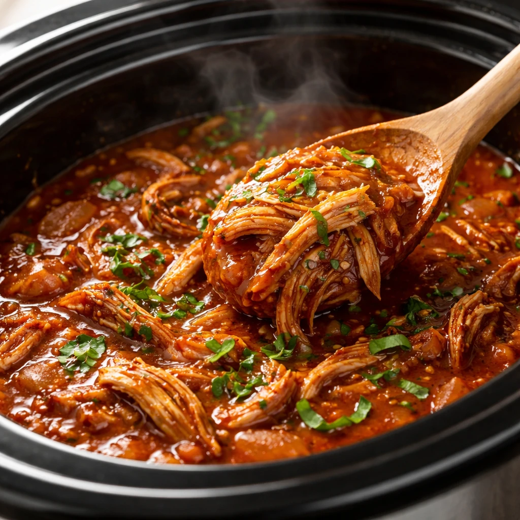 Cooking process, close-up detail: Slow cooker filled with tender shredded chicken simmering in a glo