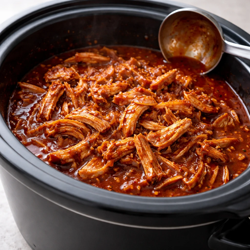 Cooking process, close-up detail: Succulent shredded BBQ crockpot chicken being tossed back into a g