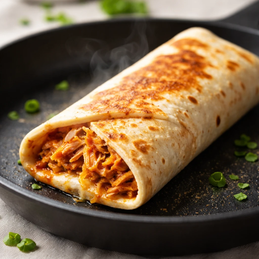 Cooking process, close-up detail: Warm flour tortilla in a dry skillet, seam-side down, toasting the