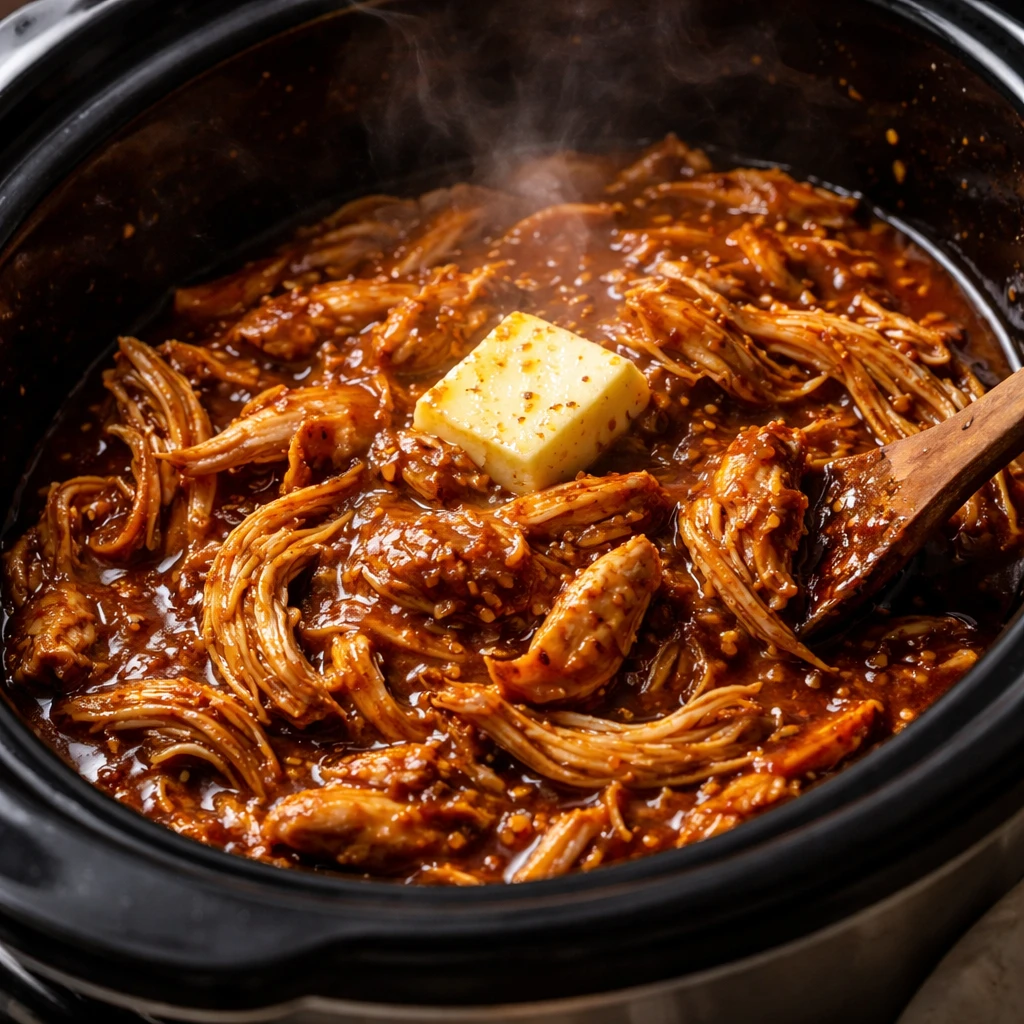 Cooking process close-up: Shredded BBQ chicken returning to the crockpot to “sauce it up,” gloss