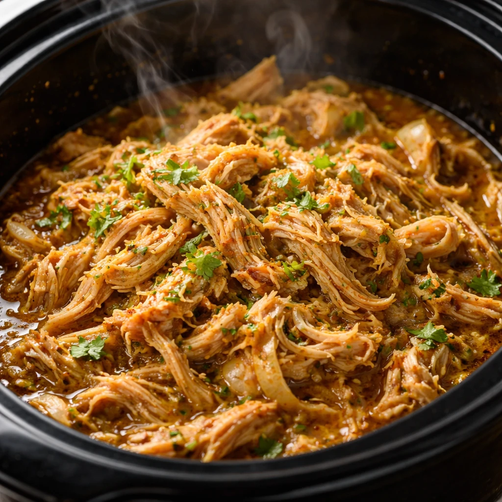 Cooking process close-up: Shredded cilantro-lime chicken just after pulling in the slow cooker, tend