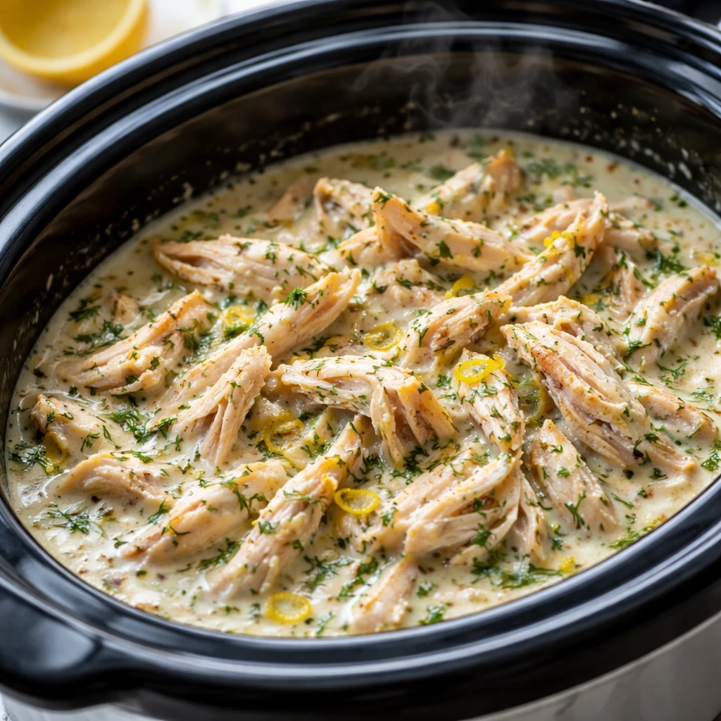 Cooking process close-up: Shredded slow-cooker chicken being folded back into a silky tempered Greek