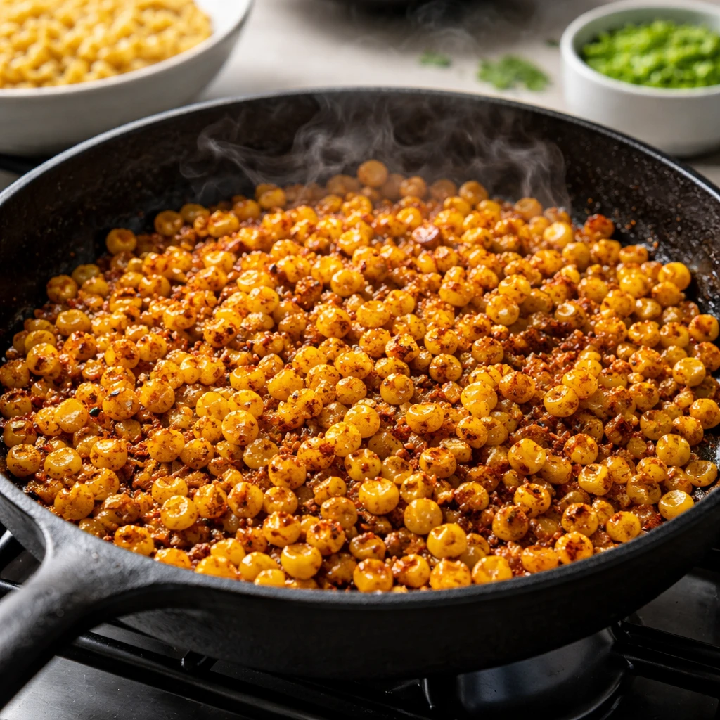 Cooking process close-up: Skillet of corn kernels being quickly sautéed to a light char with a dust