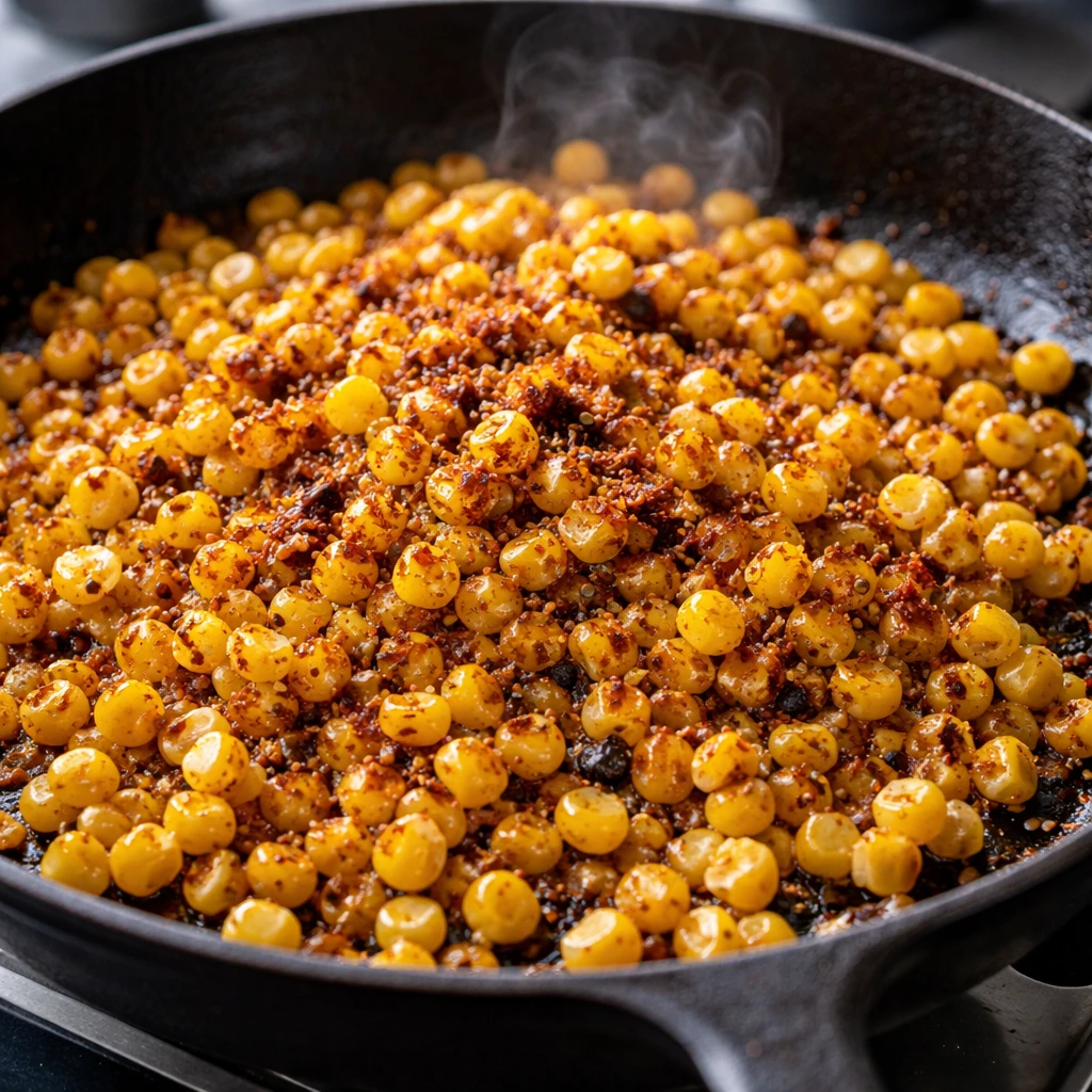 Cooking process close-up: Skillet-toasted corn kernels sizzling in a large black cast-iron pan, some