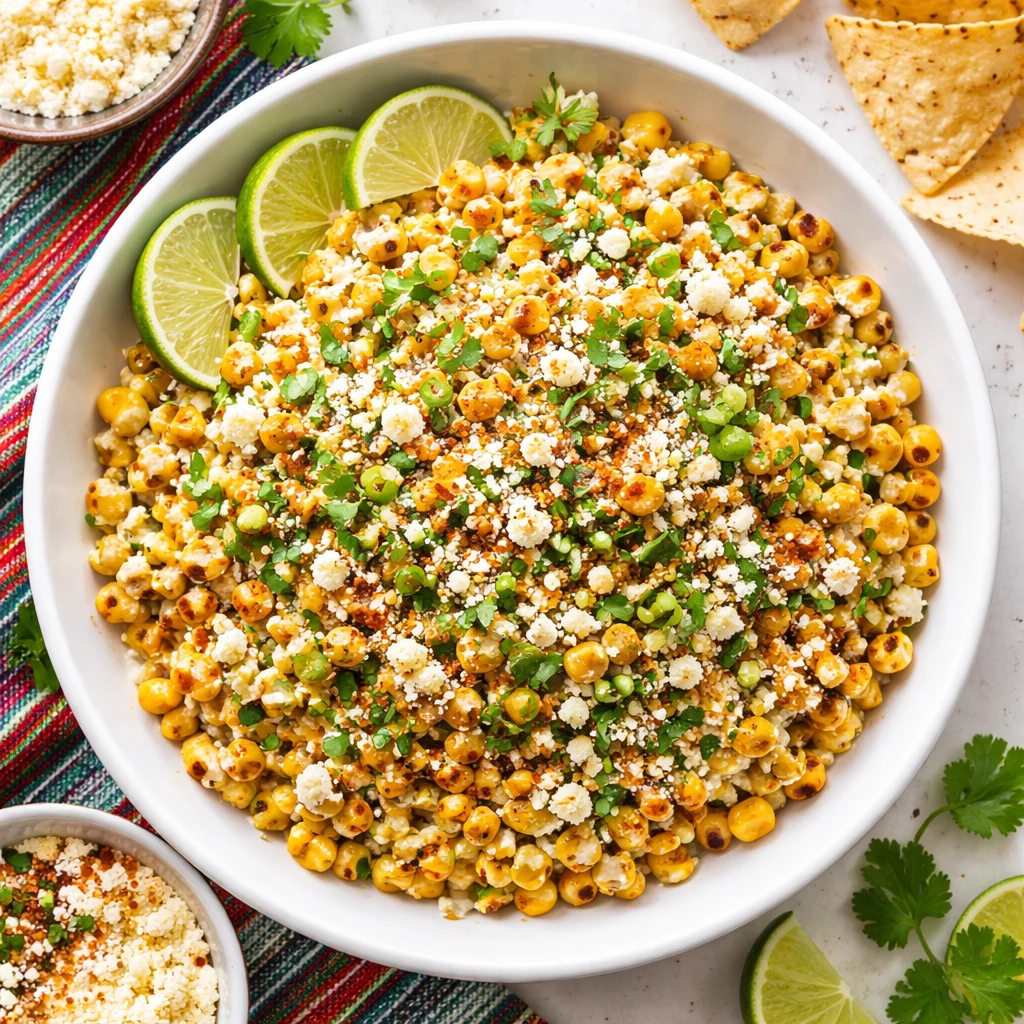 Final dish overhead: Mexican Street Corn Salad Fiesta Style in a wide, shallow white bowl, creamy-li