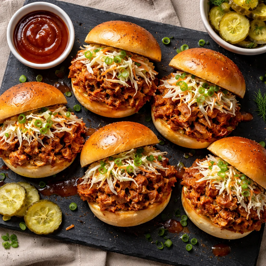 Final dish overhead: Pulled BBQ chicken sliders on toasted brioche buns, generously piled with saucy