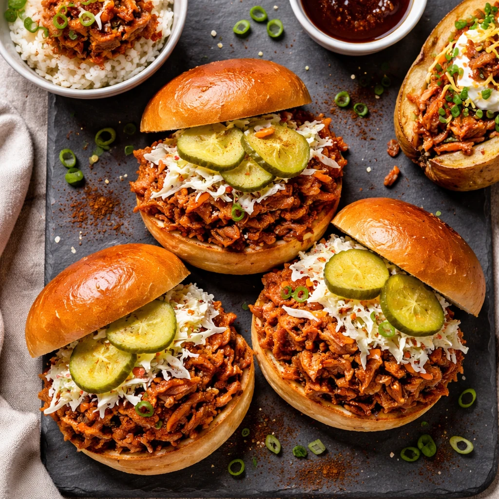 Final dish overhead: Toasted brioche buns piled high with saucy shredded BBQ chicken, topped with cr