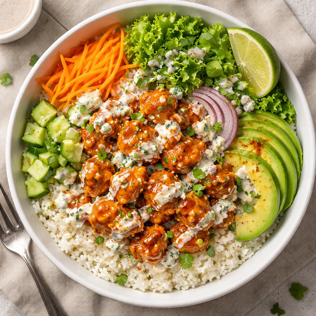 Final dish, overhead top view: Buffalo Chicken Rice Bowl fully assembled in a wide white ceramic bow