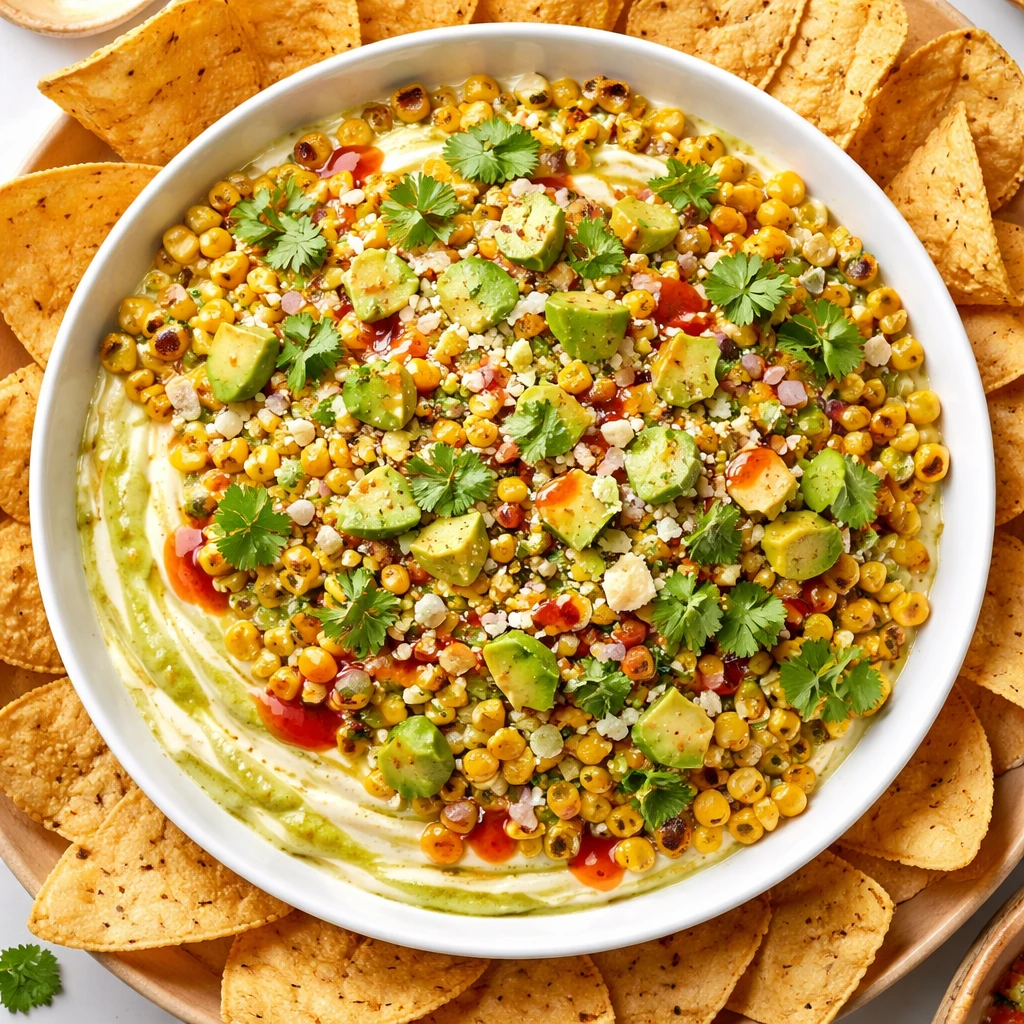Final dish overhead: Vibrant layered street corn dip in a wide, low white serving dish—base of sil