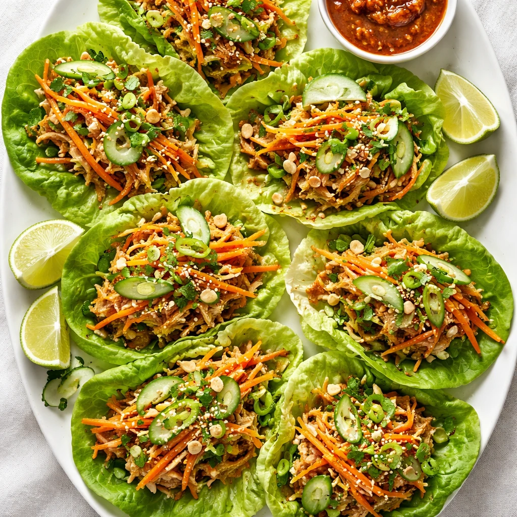 Final dish, tasty top view: Overhead shot of assembled chicken lettuce wraps on a matte white platte