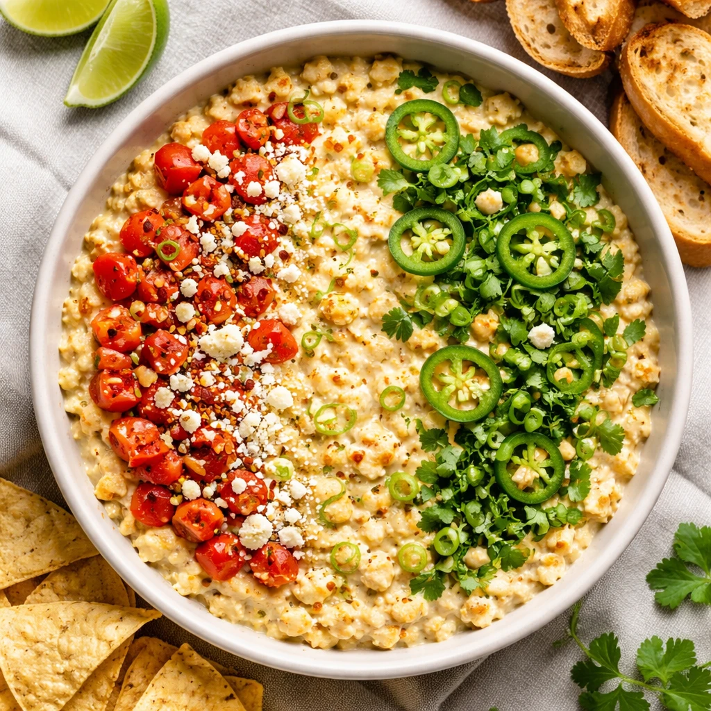 Final dish, tasty top view: Overhead shot of Festive Elote Dip served warm in a shallow off-white ce