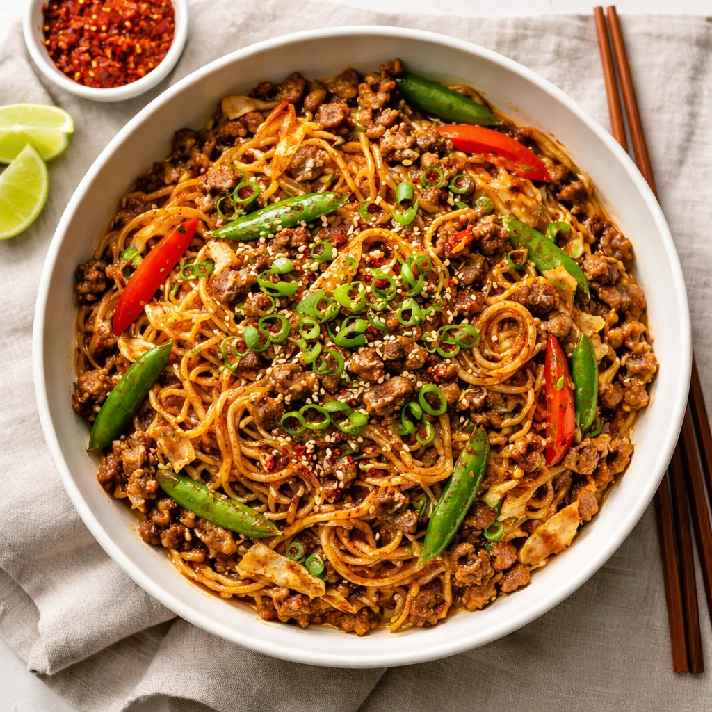 Final dish, tasty top view: Overhead shot of Korean Beef Noodle Skillet served family-style in a wid