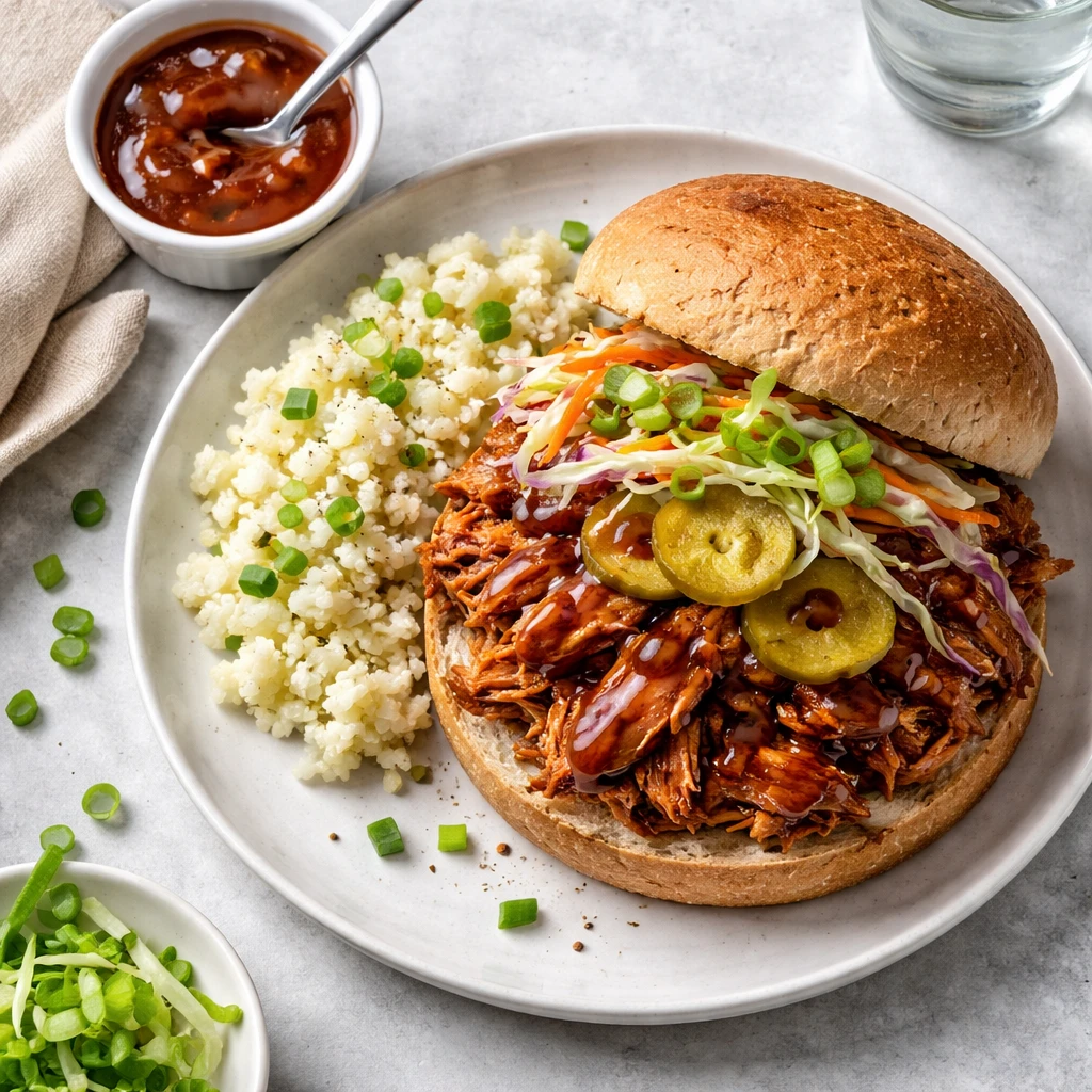Final dish, tasty top view: Overhead shot of low-sugar BBQ shredded chicken piled onto a toasted who