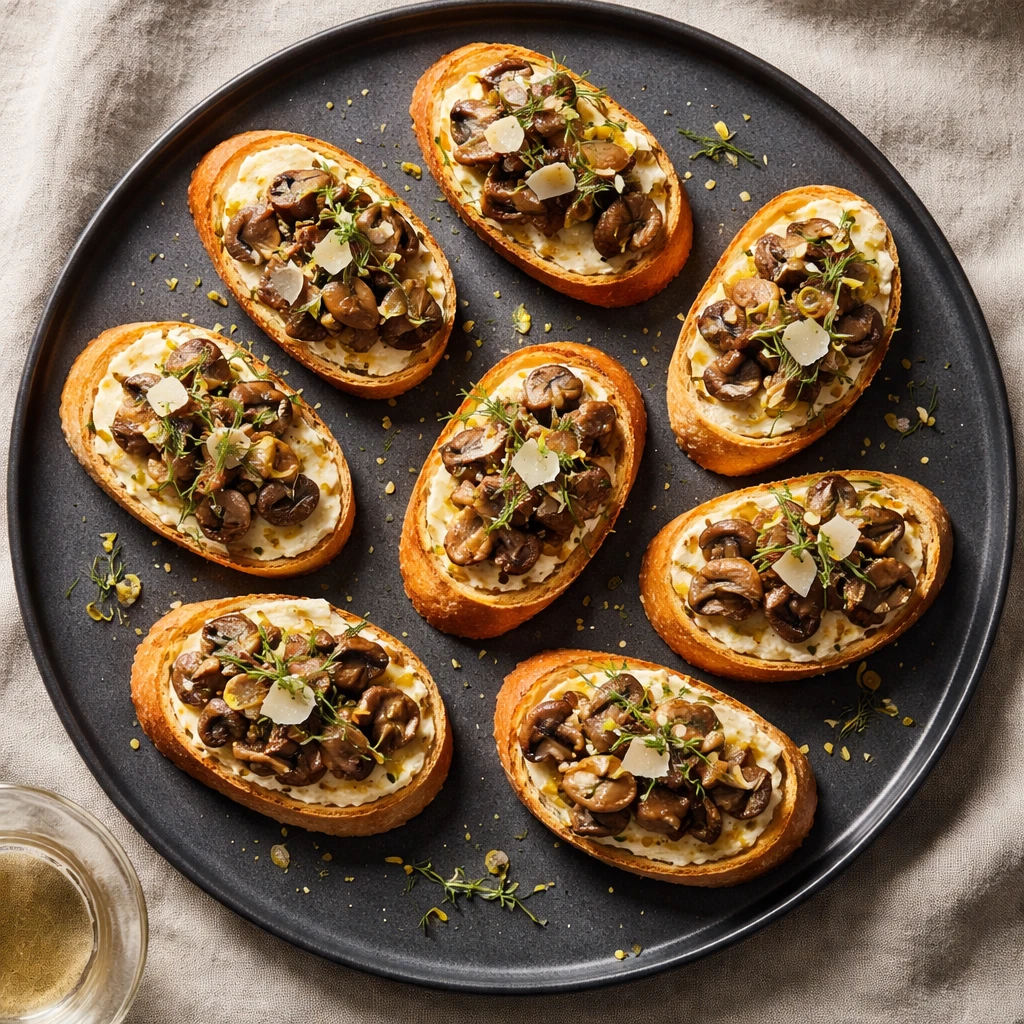 Final dish, tasty top view: Overhead shot of Mushroom Thyme Crostini arranged on a matte charcoal pl