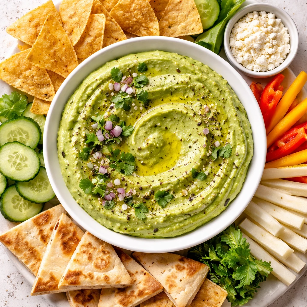 Final dish, tasty top view: Overhead shot of the finished Avocado Lime Party Dip in a low, wide whit