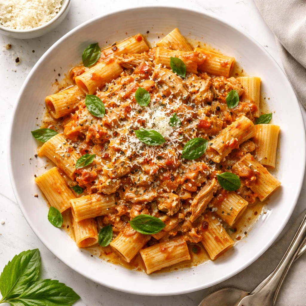 Final dish, top view: Overhead shot of Crockpot Tomato Basil Chicken spooned over al dente rigatoni 