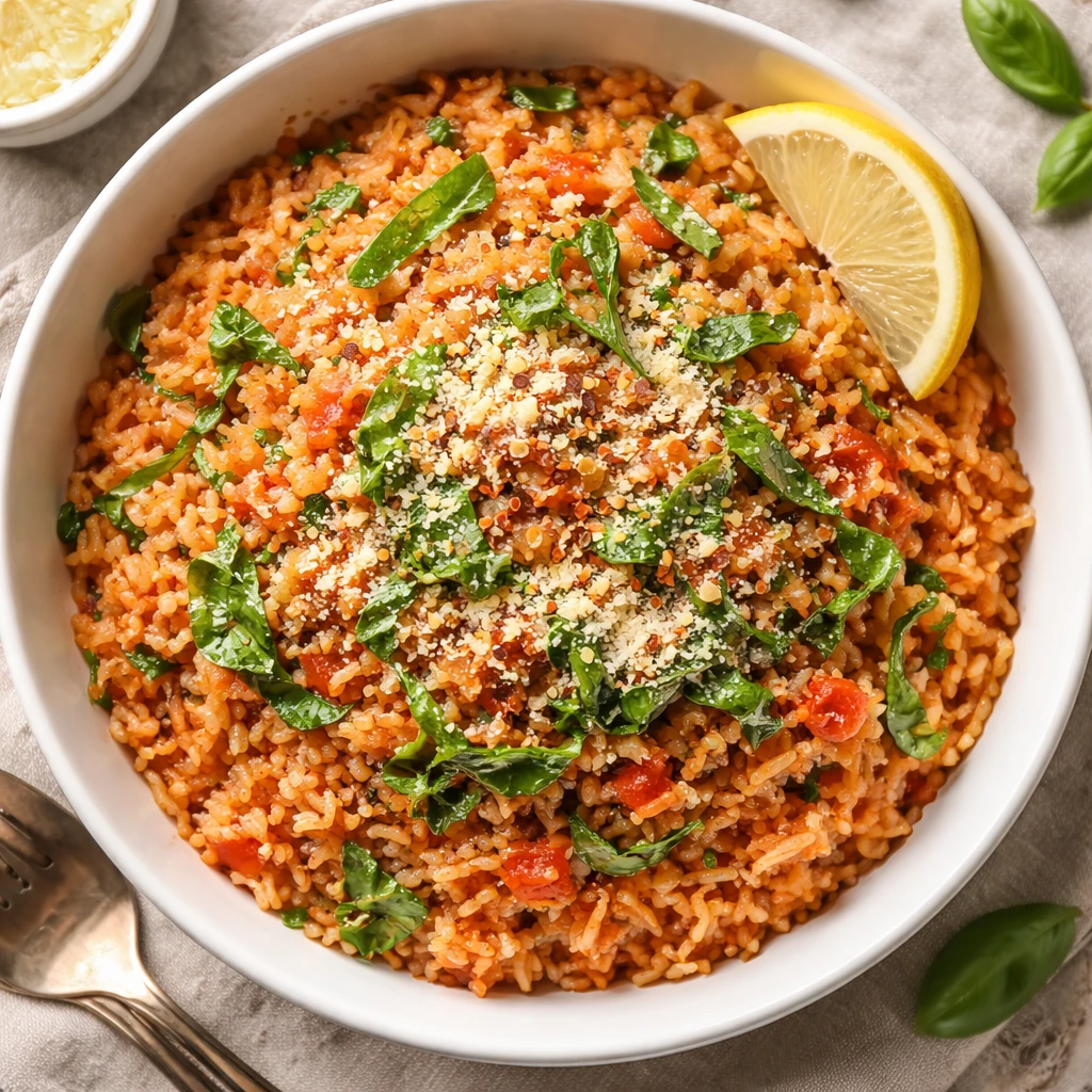 Final plated overhead: A heaping bowl of crockpot tomato basil rice, showcasing evenly tinted tomato