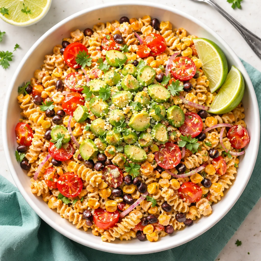 Final plated overhead: Corn Fiesta Pasta Salad in a wide white shallow bowl, showing spiraled rotini