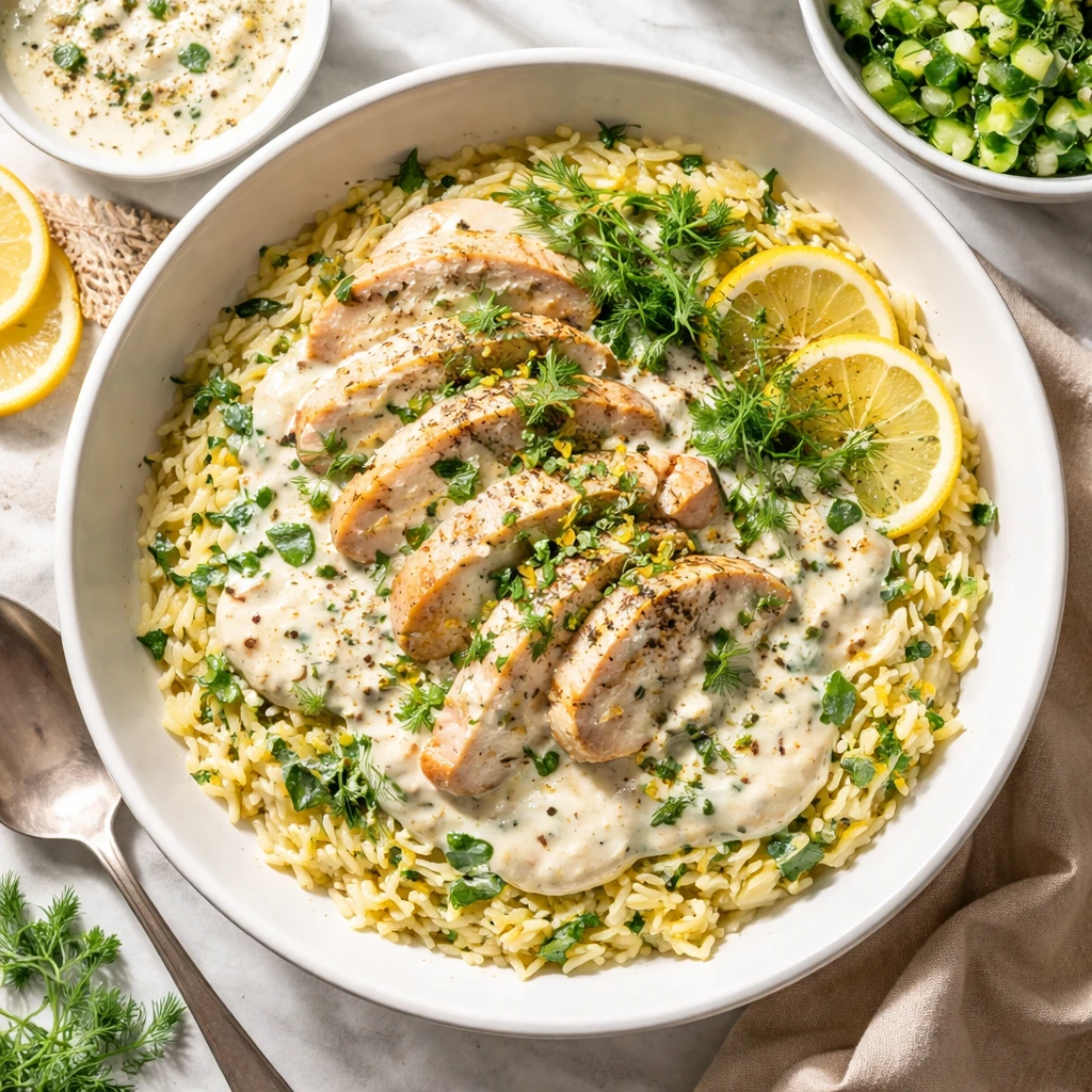 Final plated overhead: Tasty top view of Crockpot Greek Yogurt Chicken spooned over lemon-herb orzo 