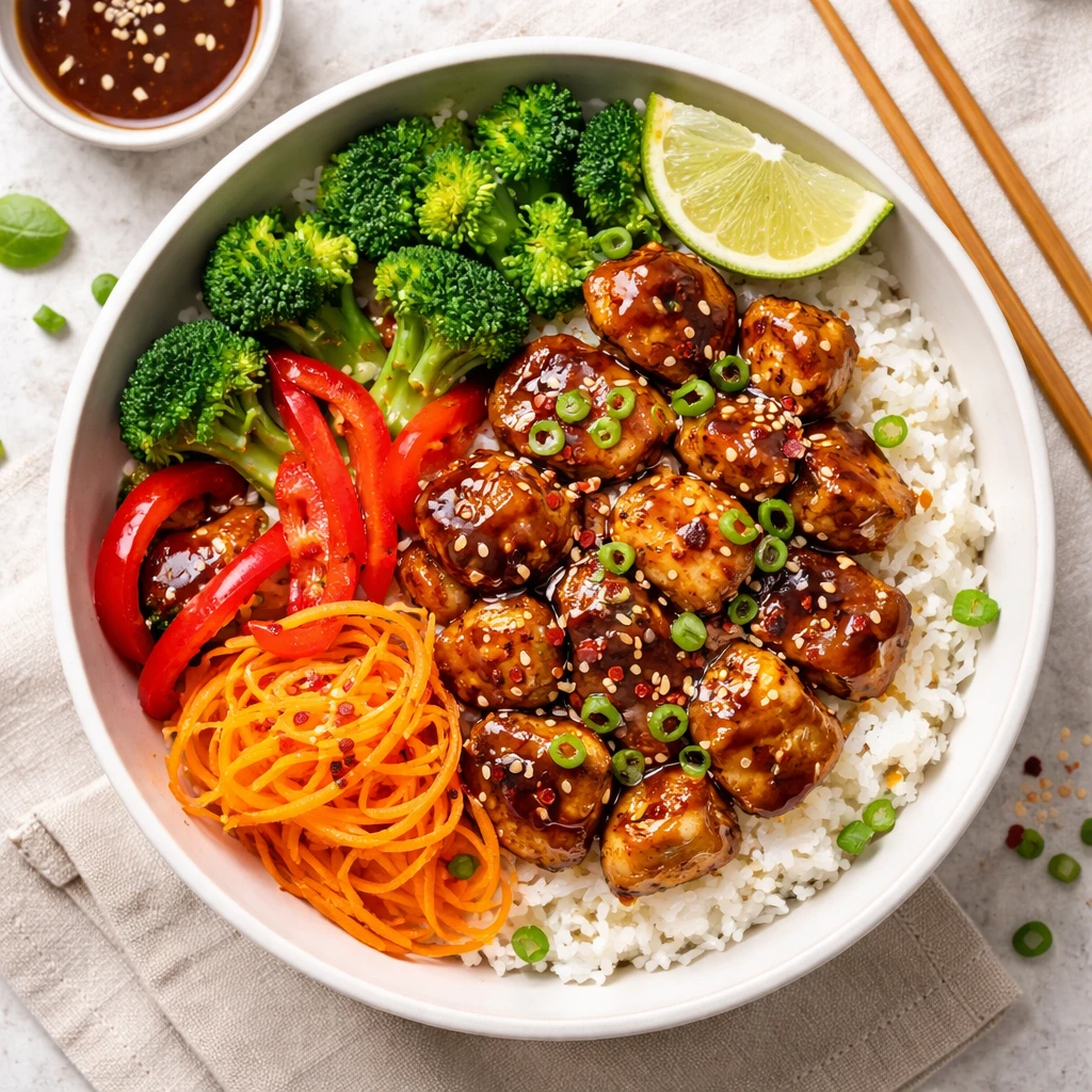 Final plated overhead: Teriyaki chicken fresh bowl beautifully assembled in a wide, shallow ceramic 