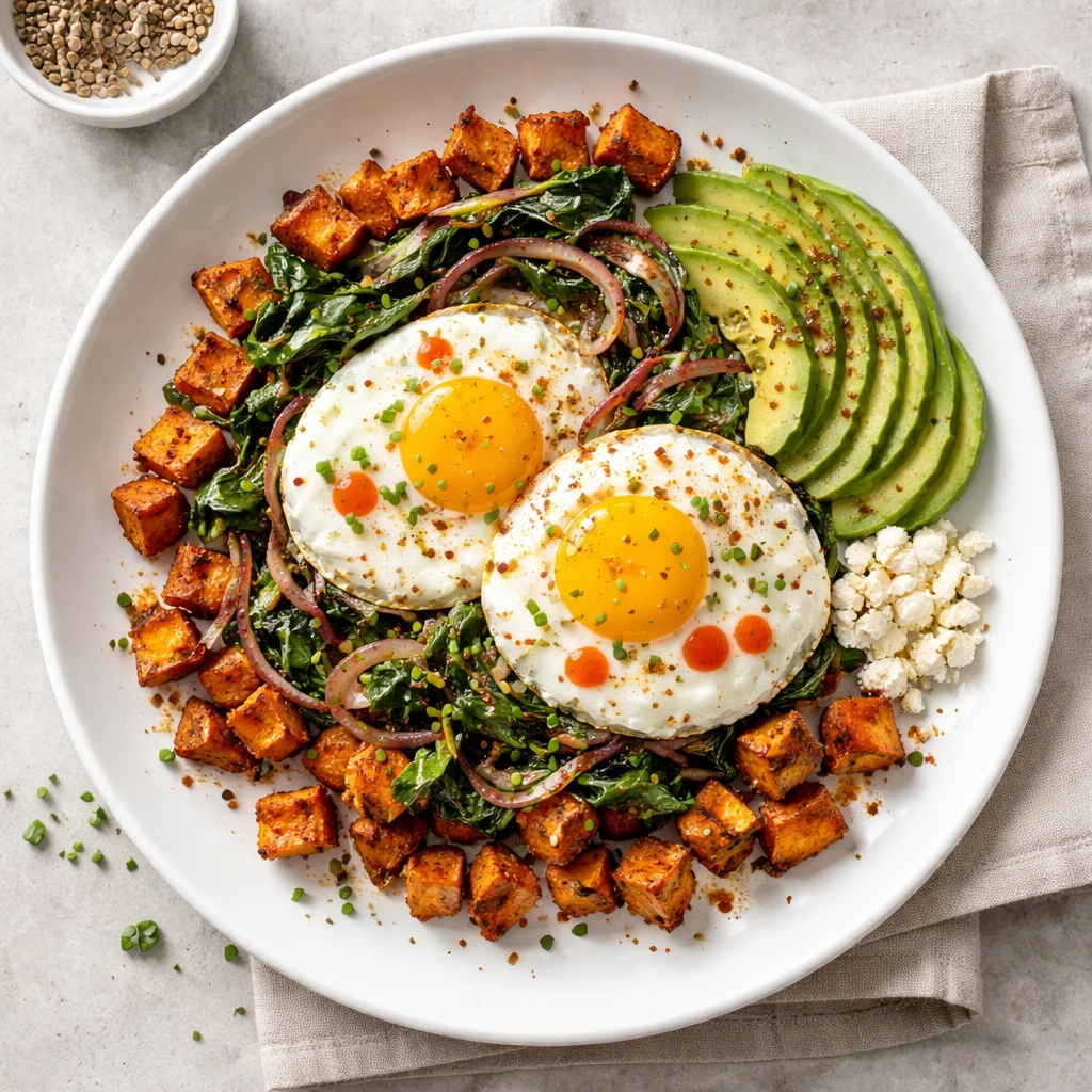 Final plated, tasty top view: Overhead shot of a Sweet Potato Egg Brunch Plate on a wide white ceram