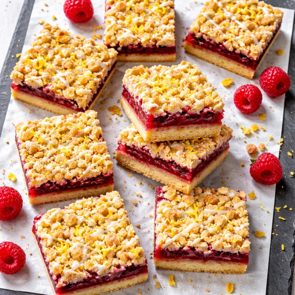 Final plated, tasty top view: Overhead shot of neatly sliced Raspberry Lemon Crumble Bars arranged o
