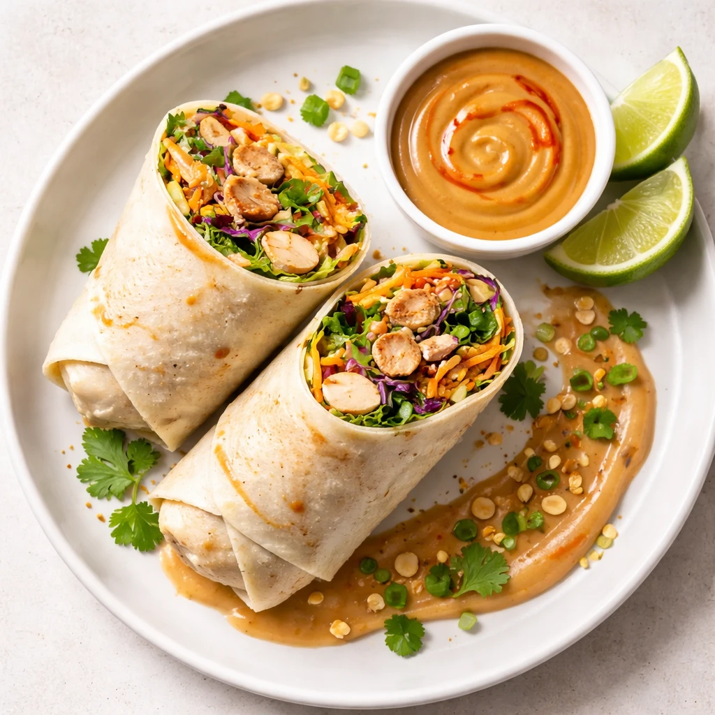 Overhead final presentation: Two neatly rolled Thai Peanut Chicken Wrap halves, seam-side down and s
