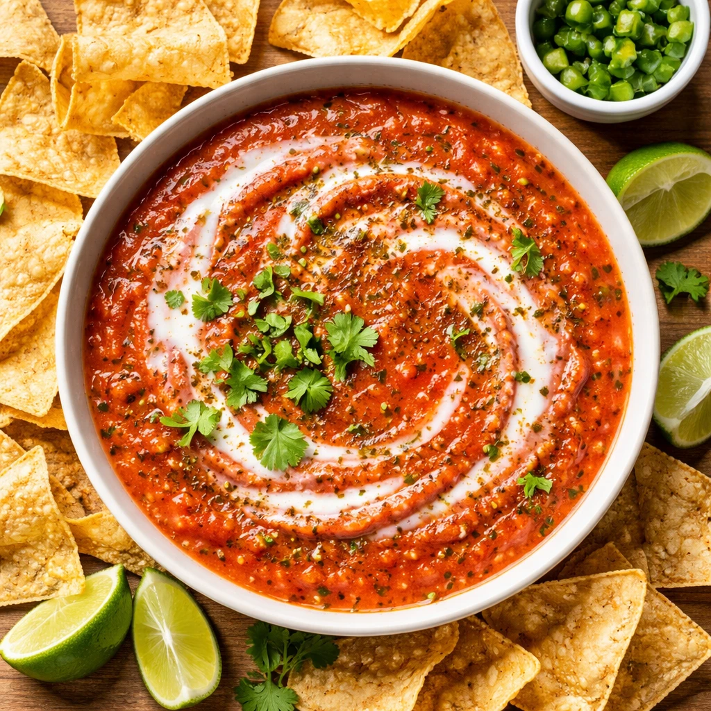 Overhead shot of a freshly blended 5-minute Cinco de Mayo salsa dip in a wide, low ceramic bowl, vib