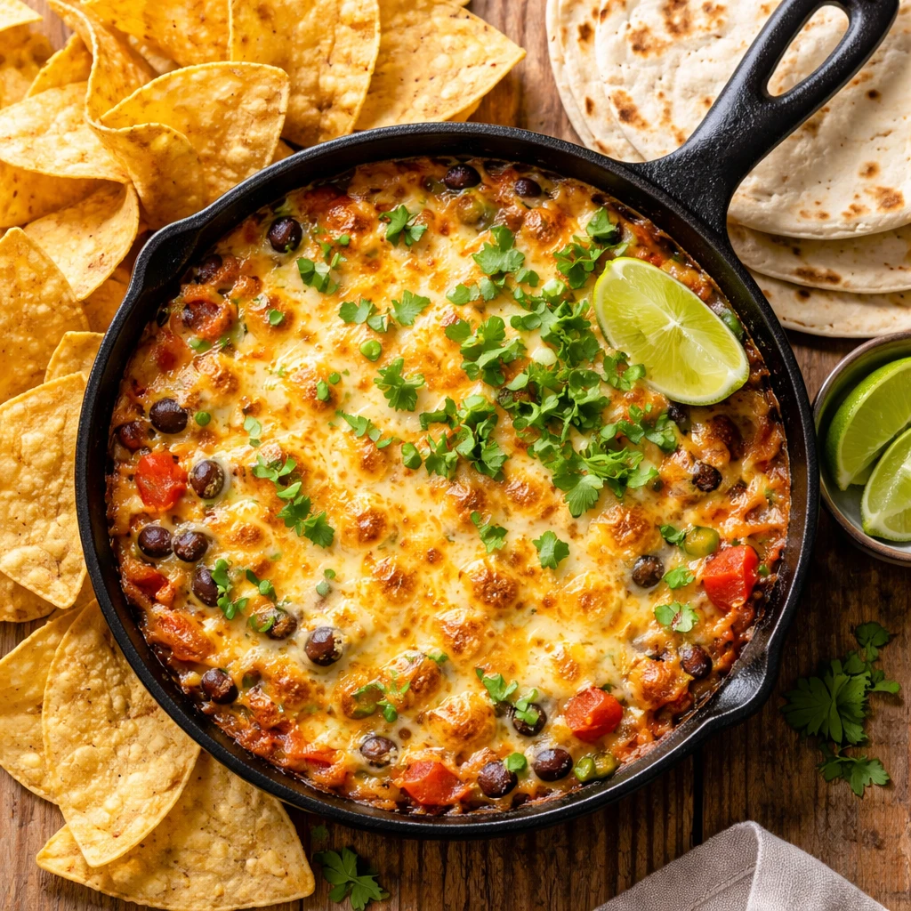 Overhead shot of a just-baked Mexican Cheese Fiesta Dip in a small cast-iron skillet, edges bubbling