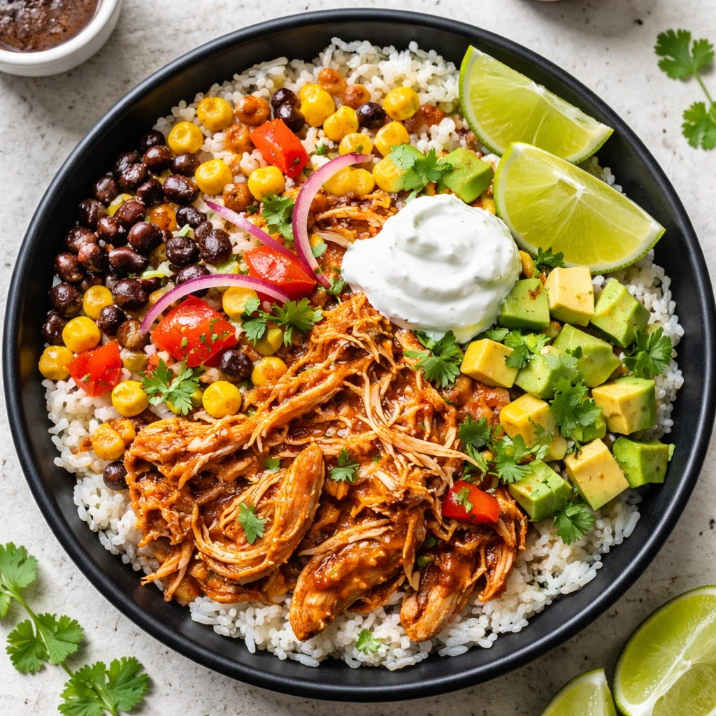 Overhead shot of a macro-friendly chicken enchilada bowl, final presentation: fluffy jasmine rice ba