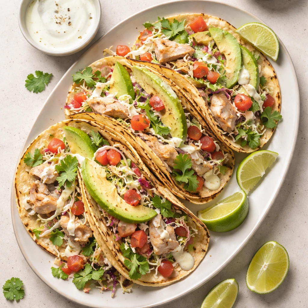Overhead shot of assembled Crockpot Fresh Fish Tacos on a matte ceramic platter: warm lightly charre