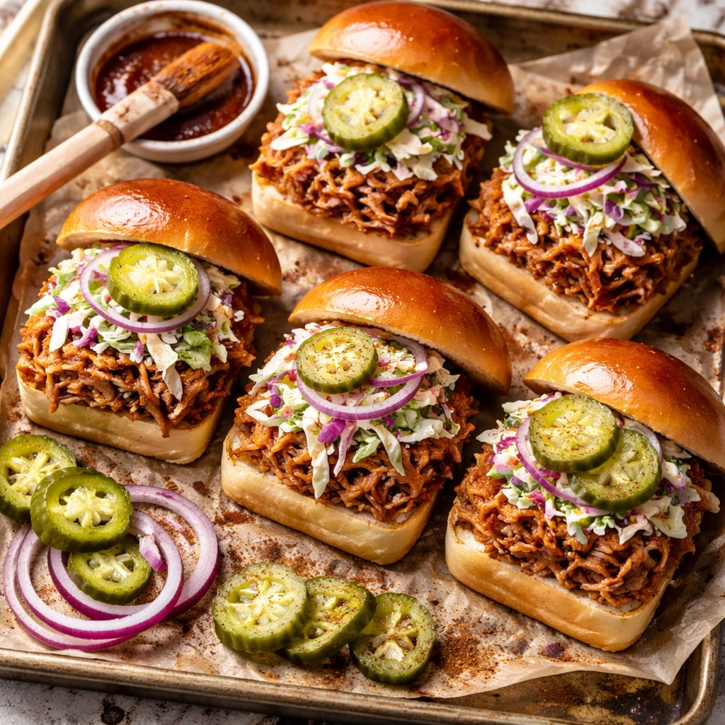 Overhead shot of assembled Summer BBQ turkey crockpot sliders on a rustic sheet pan lined with parch