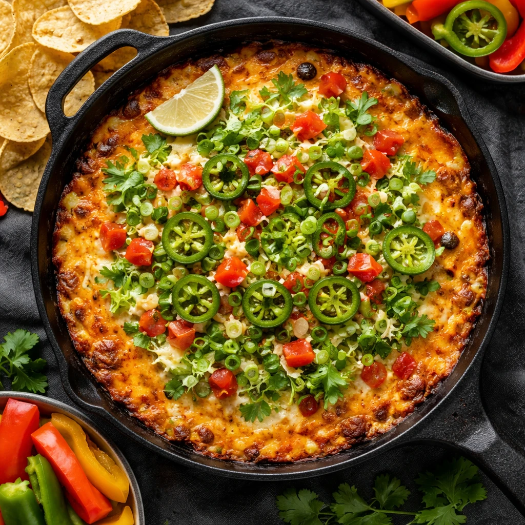 Overhead shot of Beef Taco Fiesta Dip fresh from the oven in a 10–12 inch cast-iron skillet, chees