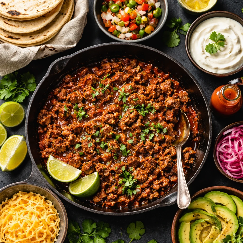 Overhead shot of finished crockpot taco meat served family-style: a shallow black cast-iron skillet 