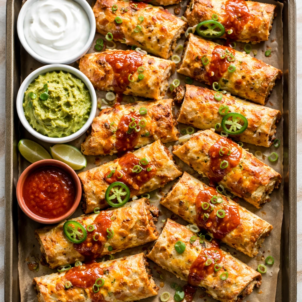 Overhead shot of freshly baked Mexican Pizza Rolls on a parchment-lined sheet pan, golden and crisp 