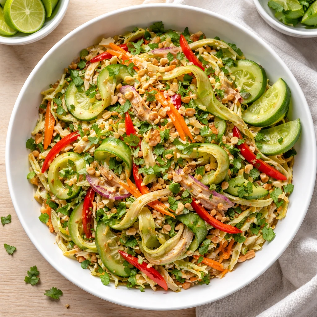 Overhead shot of Thai Cucumber Chicken Salad just after tossing: glossy, silky peanut dressing light
