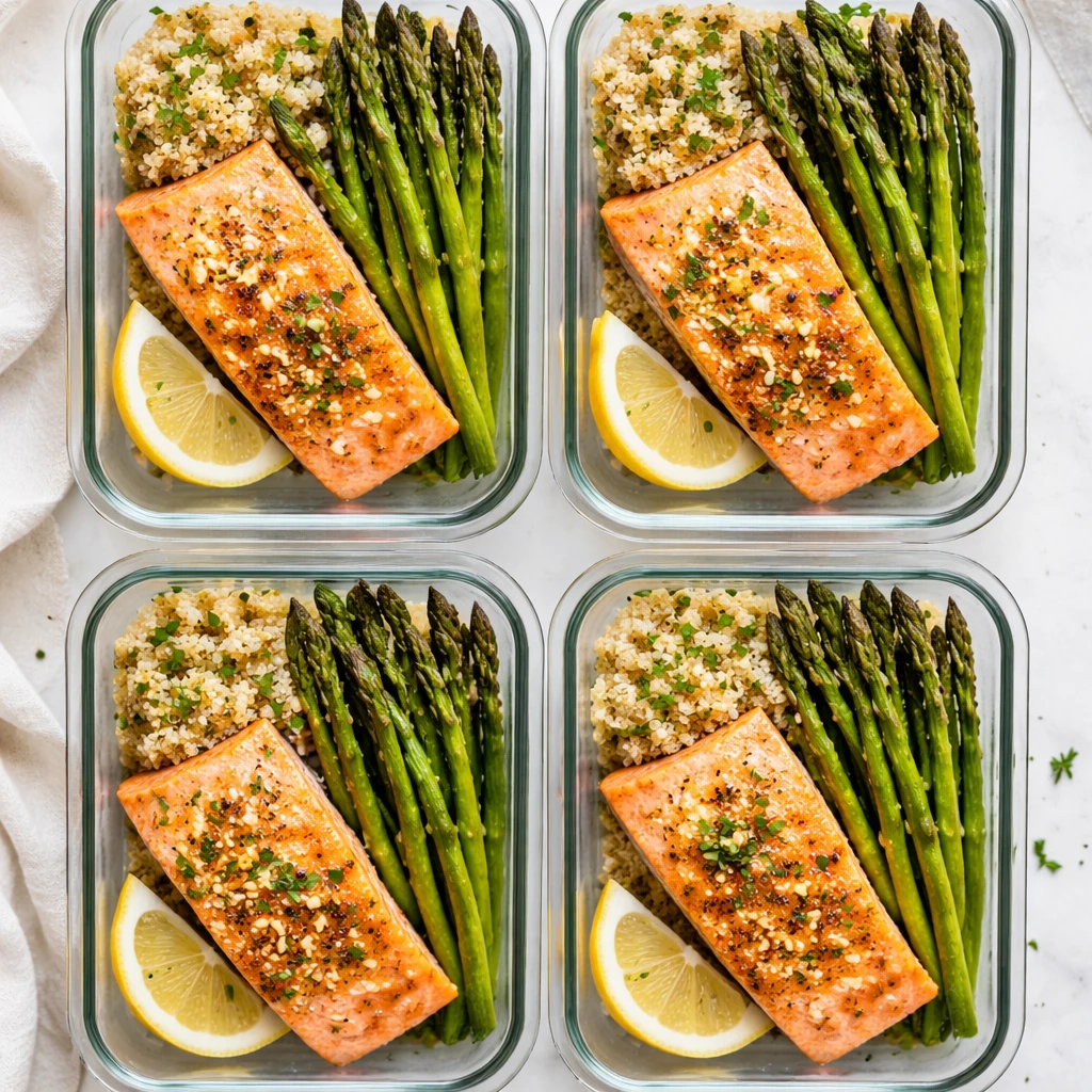 Overhead shot of the finished Salmon & Asparagus Meal Prep divided into four neat glass containers: