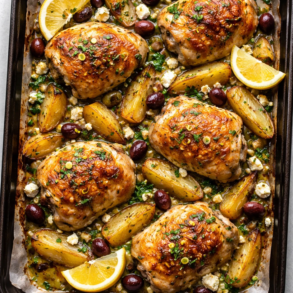 Overhead shot of the one-pan Greek lemon chicken with potatoes just after broiling: golden, blistere