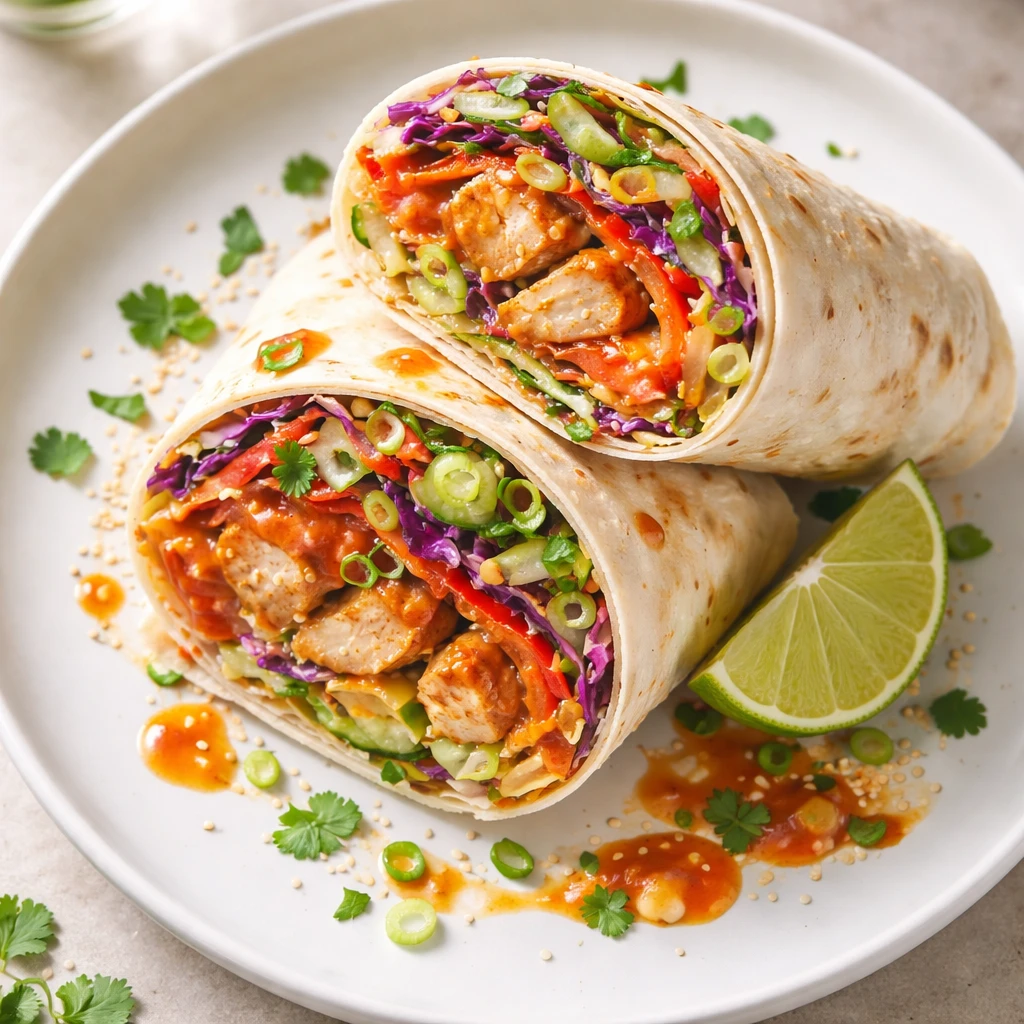 Tasty top view, final presentation: Overhead shot of a Sweet Chili Chicken Wrap sliced on the bias,